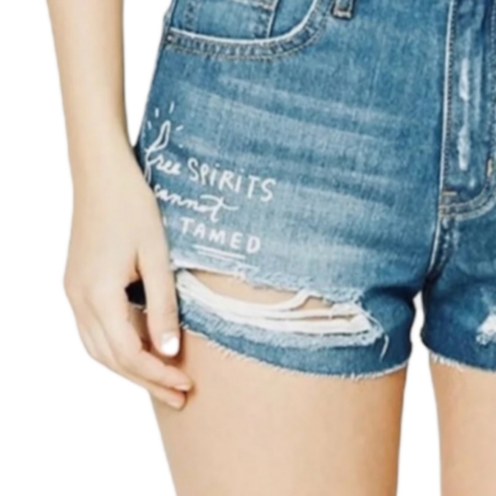 Forever 21 Letter Print Destructed Cutoff Denim Jean Shorts Size 25 100% Cotton.